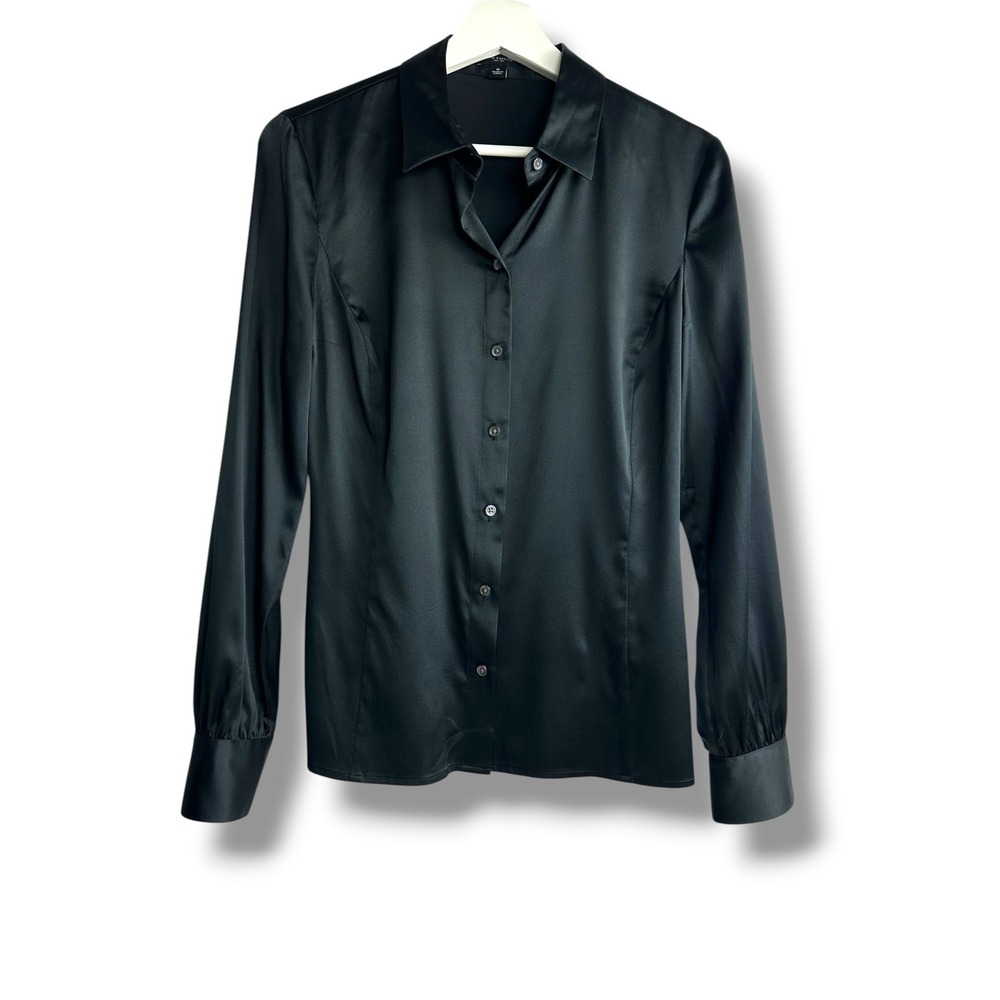 Ann Taylor Silk Blend Button Down Blouse Womens 6 Black Excellent Satin Stretch - Picture 2 of 8